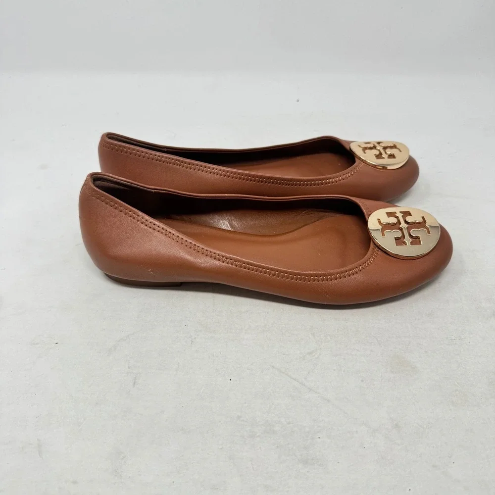 Tory Burch Minnie Travel Ballet Flats Brown 39 Gold Logo Leather Classic Shoes